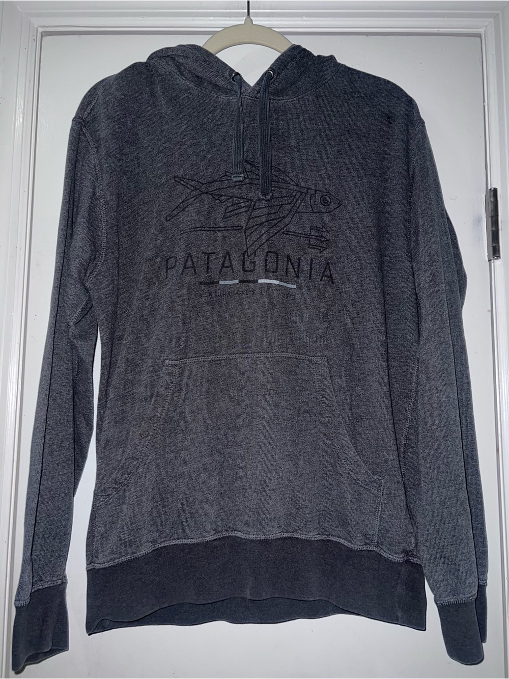 Patagonia Charcoal Gray Pullover Hoodie with Fish Graphic